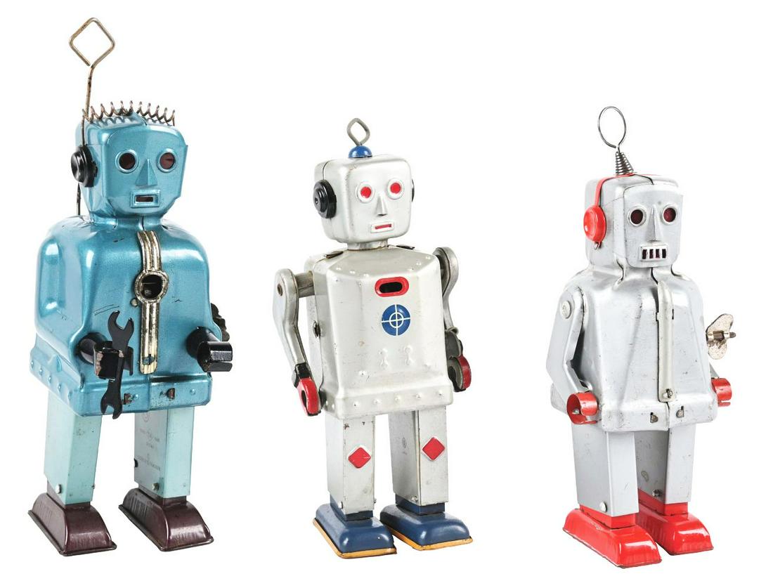 LOT OF 3: JAPANESE TIN LITHO WIND-UP ROBOTS. (1 of 4)