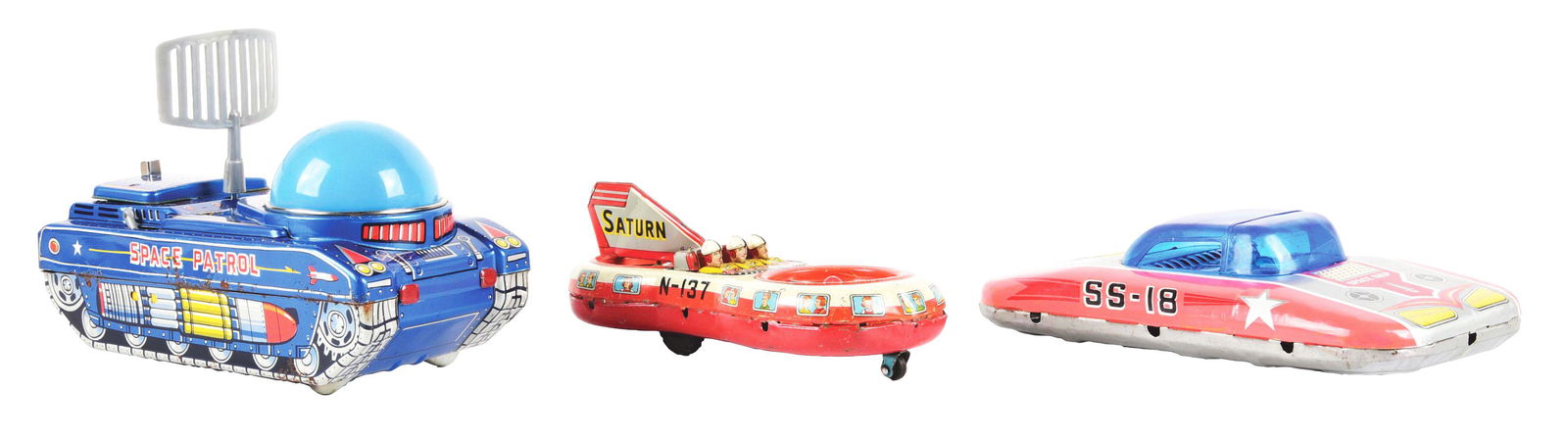 LOT OF 3: VARIOUS JAPANESE TIN LITHO FRICTION & BATTERY-OPERATED SPACE TOYS. (1 of 3)
