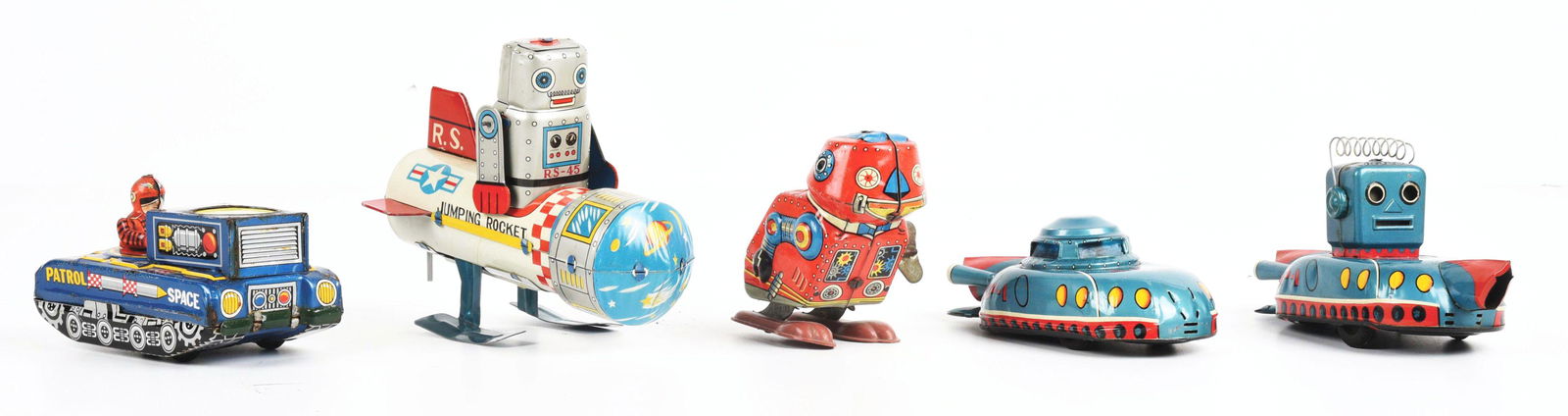LOT OF 5: VARIOUS TIN LITHO JAPANESE & MADE IN ARGENTINA ROBOT & SPACE VEHICLE TOYS. (1 of 4)