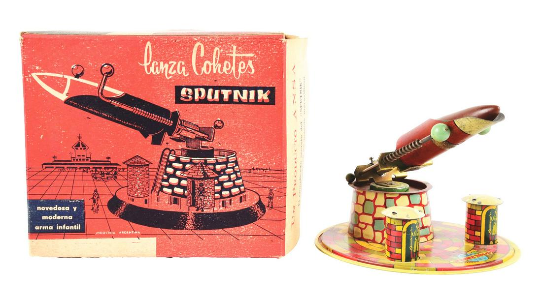 NICE EARLY SPUTNIK SPACE ROCKET TOY IN ORIGINAL BOX. (1 of 4)