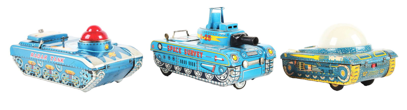 LOT OF 3: JAPANESE & OTHER FOREIGN BATTERY-OPERATED TIN LITHO SPACE TANK TOYS. (1 of 3)