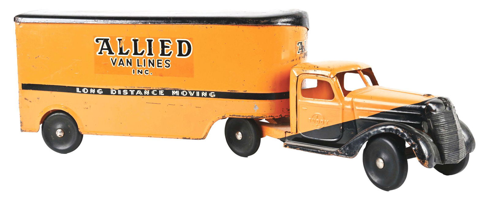 BUDDY L ALLIED VAN.: C. 1941. Original paint, missing its pull handle and rear door.Condition:(Very Good).Dimensions:29" x 6" x 9 - 1/4".