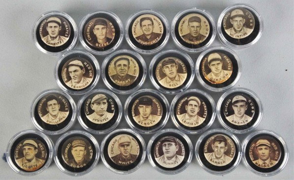 Lot of 20: Vintage Sweet Caporal Baseball Pins.: Description All with pictures of players on front of pin. Players include Eddie Cicotte from the Boston Red Sox, Chicago Cub's Archer, Cincinnati Reds' Suggs, and others.Condition (Very Good). Size Ea