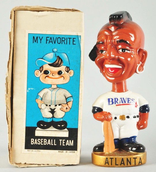 1968 Atlanta Braves Mascot Bobble Head Doll.: Description Gold round base with some slight chipping and wear. Includes original box stamped "Atlanta Braves Major League Baseball Made in Japan". Box with cardboard insert.Condition (Very Good - Exc