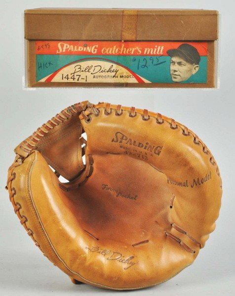 Bill Dickey Spalding Baseball Catcher's Glove.: Description Model #1447. New York Yankees. Includes very scarce original box with picture of Dickey on end flap. Also has facsimile signature on box and glove. Pictured in John Graham's Baseball Glove