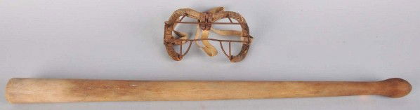 Vintage Wooden Baseball Bat & Catcher's Mask.: Description Both are unmarked.Condition (Very Good). Size Largest: 32" L. Largest: 32" L.