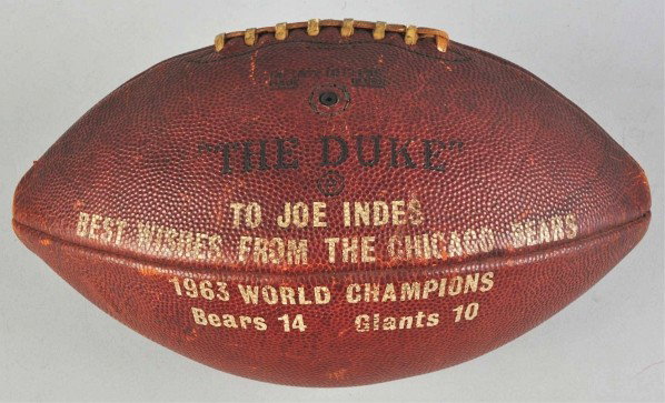 Vintage Wilson The Duke Football.: Description Pete Rozelle Commissioner. Reads "To Joe Indes Best Wishes from the Chicago Bears 1963 World Champions" and "Bears 14 Giants 10".Condition (Very Good). Size 10 - 1/2" L. 10 - 1/2" L.