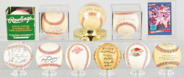 Lot of 10: Baseballs & Autographed Baseballs.: Description Includes one autograph by Paul O'Neil, one Wally Joyner, and one Cecil Cooper. Also includes a few printed balls and World Series Souvenir balls. No LOAs are included.Condition (Very Good)