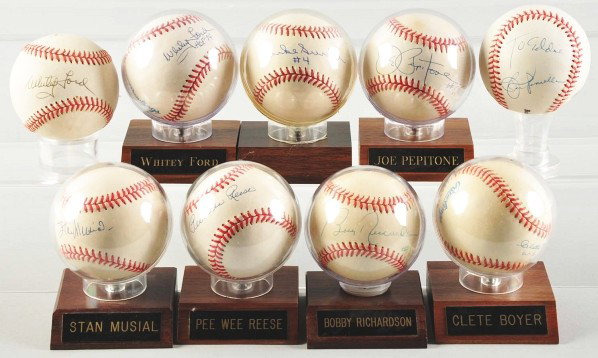 Lot of 9: Autographed Baseballs.: Description Includes three COAs for Pee Wee Reese (Brooklyn Dodgers captain), Whitey Ford, and Stan Musial. Also includes six other balls without certification.Condition (Very Good).