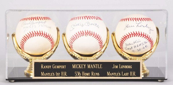Lot of 3: Mickey Mantle Related Signed Baseballs.: Description Includes one ball autographed by Randy Gumpert, the first pitcher that Mantle hit a home run off of. Reads "Mantle's first MLHR 5-1-51". Also includes one ball autographed by Jim Lonberg, 