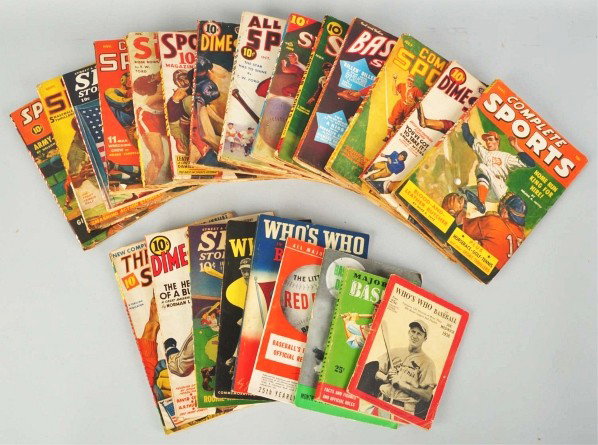 Lot of 23: Vintage Sports Magazines.: Description 1930s to 1950s. Includes Dime Novels for baseball, football, boxing, and others.Condition (Very Good). Size Largest: 9 - 1/2" x 7". Largest: 9 - 1/2" x 7".