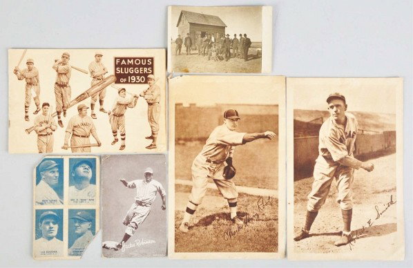 Lot of 6: Early Baseball Memorabilia Items.: Description Includes early photograph of men with baseball equipment, Jackie Robinson vending card (badly creased), postcard with Babe Ruth, Lou Gehrig, Leo Durocher, and Mark Koenig with pieces missi