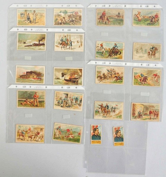 Lot of 20: Historical Tobacco Cards.: Description Two depict General George McClellan and advertising Recruit Cigarettes. Also includes 18 larger tobacco cards depicting Civil War scenes and cowboy scenes. The larger cards are advertising
