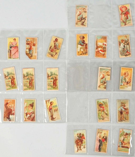 Lot of 21: Jokes Tobacco Cards.: Description All are advertising Duke and Sons Cigarettes on back. Depicts people in humorous situations with accompanying sayings. Some duplicates and some creasing and wear overall. One or two cards 