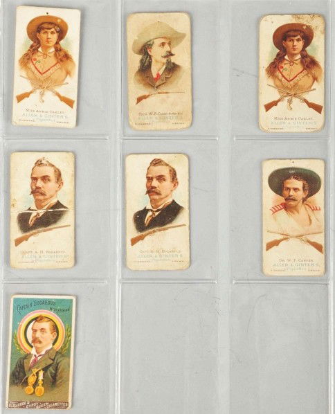 Lot of 7: Allen & Ginter's Riflemen Cards.: Description One is from Old Judge or Gypsy Queen Cigarettes. Includes one Buffalo Bill Cody and two Annie Oakleys. Some creasing, staining, and corner wear.Condition (Very Good).