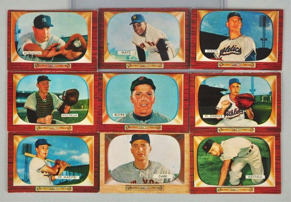 Lot of 9: 1955 Bowman Baseball Cards.: Description From the Television Series. Includes eight common cards along with one no. 184 Willie Mays. Mays card is nicely centered with slight wear to corners and some roughness to top edge. Fresh a
