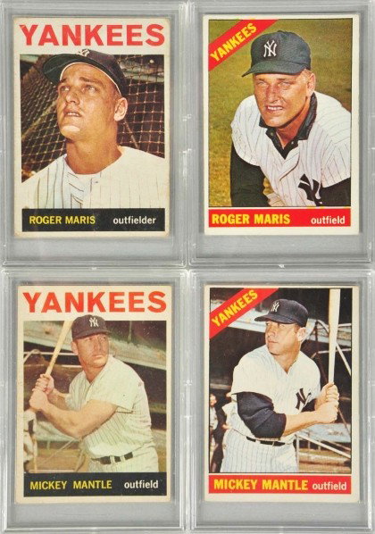 Lot of 4: Topps Mantle & Maris Baseball Cards.: Description Includes two 1964s and two 1966s. Centering on all four cards is good. Some creasing to the 1964 Maris and some wear to corners.Condition (Very Good). Size Each: 3 - 1/2" x 2 - 1/2". Each: