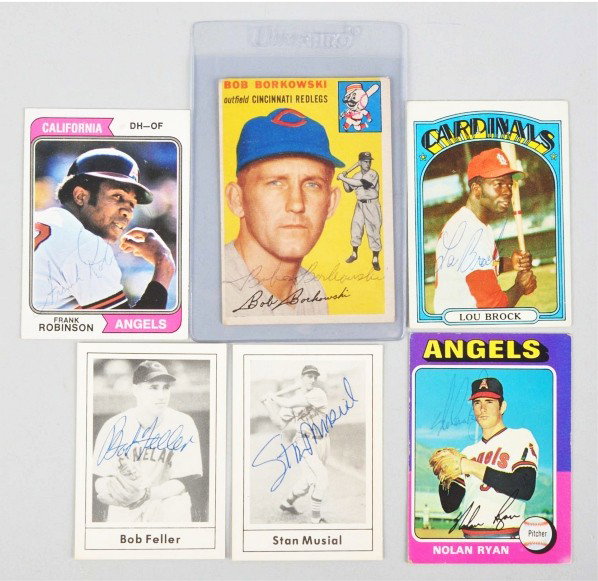 Lot of 6: Autographed Baseball Cards.: Description Includes 1975 Nolan Ryan, 1972 Lou Brock, 1974 Frank Robinson, 1978 Bob Feller, 1978 Stan Musial, and 1954 Bob Borkowski. All autographs come with COAs from James Spence.Condition (Very Go