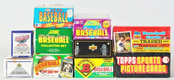 Assorted Lot of Baseball Card Sets & Wax Boxes.: Description Includes nine 1991 Upper Deck complete sets, ten 1990 Fleer wax boxes with 36 packs per wax box, 1987 Rak box with 24 Rak Paks, four 1989 Bowman wax boxes with 36 packs per box, three Topp