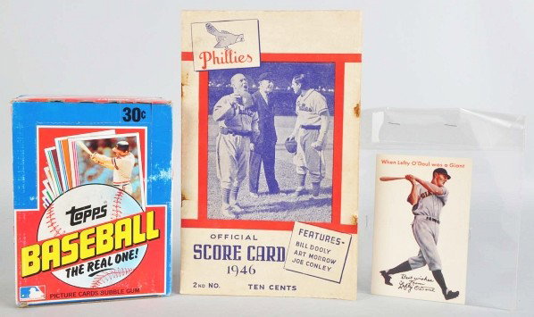 Lot of 1982 Topps Wax Box & Baseball Items.: Description Includes 1982 Topps wax box with possible Ripken rookie inside. Box contains 36 unopened wax packs. Also includes one postcard from Lefty O'Doul and a 1946 Phillies scorecard.Condition (Ex