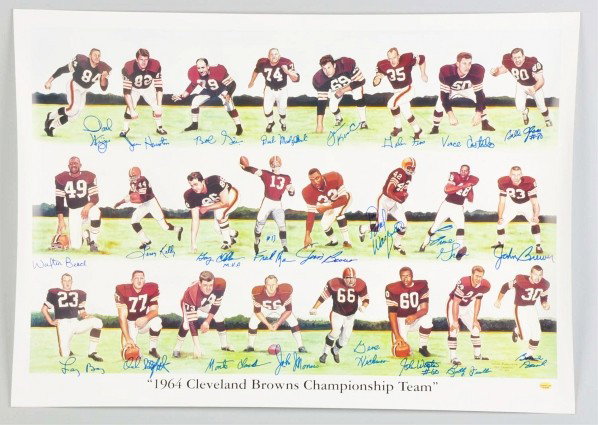 Signed Cleveland Browns Championship Team Litho.: Description 1964. Includes Jim Brown, Paul Warfield, Leroy Kelly, and others. Comes with a COA from Tracer Code Inc. and an LOA from PSA DNA.Condition (Excellent). Size 24" x 34". 24" x 34".