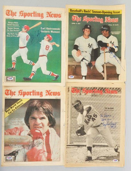 Lot of 5: Autographed Baseball Items.: Description Includes one Steve Carlton cardboard sign and the other four are signed "The Sporting News" Newspapers. Includes Pete Rose, Carl Yastrzemski, Tug McGraw, and Reggie Jackson. All come with