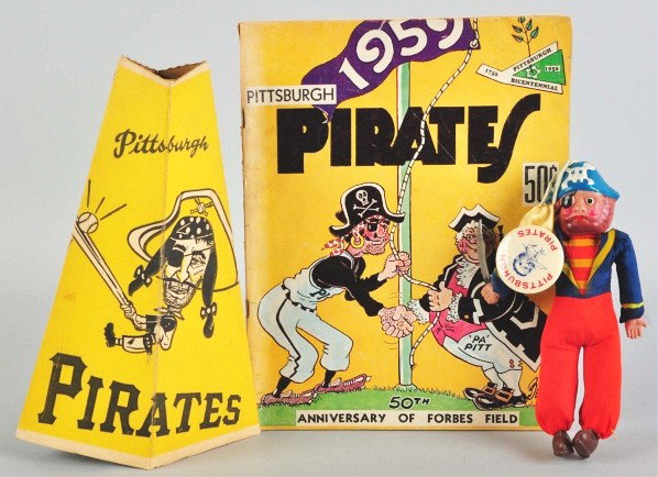 Lot of 3: Pittsburgh Pirates 1950s Memorabilia.: Description Includes a 1959 yearbook, for the 50th Anniversary of Forbes Field, a celluloid stuffed pirate holding a sword with a pin attached to the top of his head, and one cardboard megaphone signe