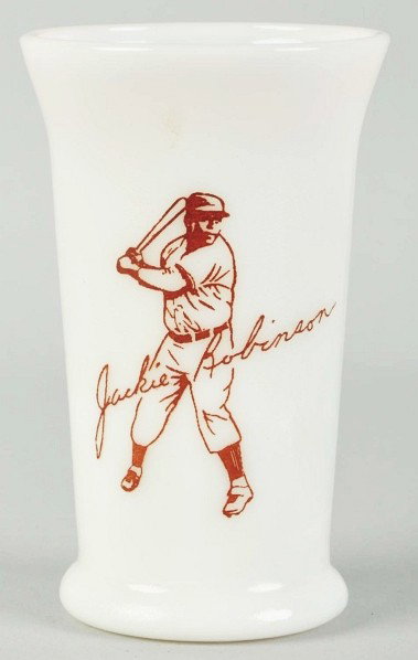 Milk Glass Jackie Robinson Baseball Cup.: Description Depicts Jackie Robinson on front of glass holding bat with facsimile signature. Marked "Hoppy" on bottom and "Champion of Baseball" on back. No chipping or wear.Condition (Near Mint). Size
