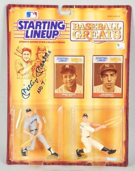 Autographed Mickey Mantle Starting Line-Up Figure: Description Kenner. 1989. Figures of Mickey Mantle and Joe DiMaggio on the same card. Autographed by Mickey Mantle only, "Mickey Mantle No. 7". Comes with a COA from Robert Wetzel.Condition (Excellent