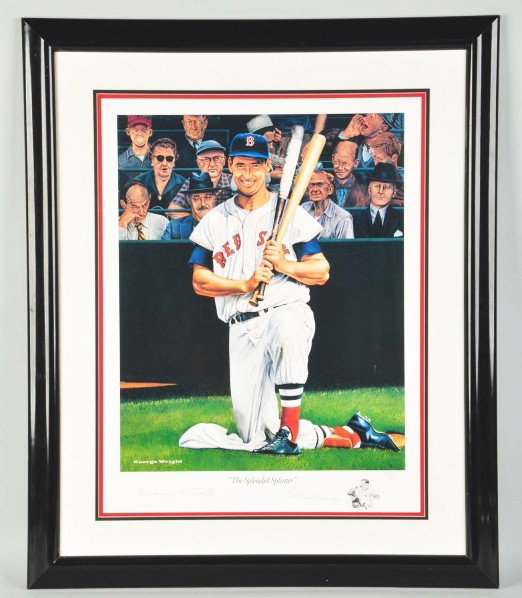 Signed Ted Williams "The Splendid Splinter" Litho: Description Nicely framed. No. 246/1000. Autographed by Ted Williams and George Wright. Comes with a COA from All American Collectibles.Condition (Excellent). Size Framed: 29 - 3/4" x 35 - 3/4". Frame