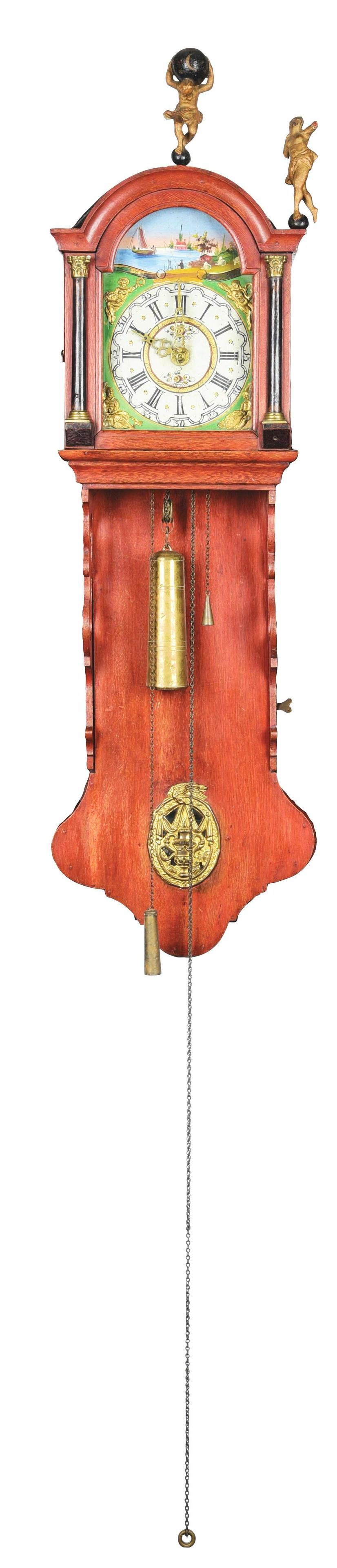 RARE ANTIQUE TAIL CLOCK 18TH C EUROPEAN DUTCH WOODEN WALL CLOCK. (1 of 3)