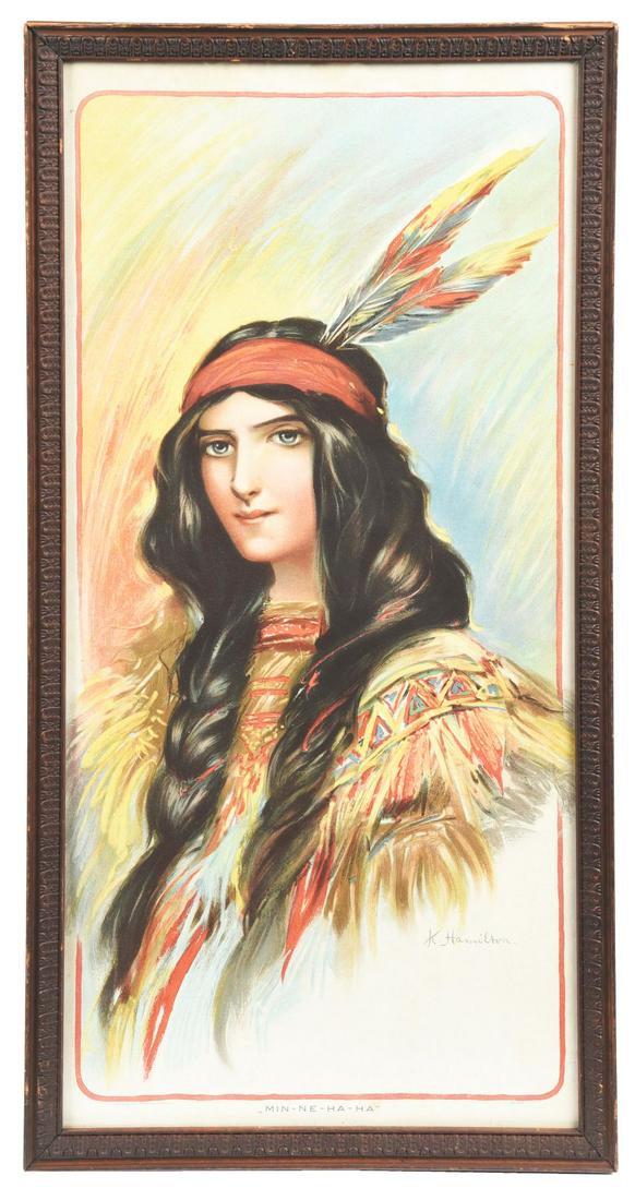 1907 MIN-NE-HA-HA FRAMED LITHOGRAPH BY K. HAMILTON.: This is a great lithograph of an Native American maiden named "Min-Ne-Ha-Ha" done by K. Hamilton, marked number "372." CONDITION: Shows light wrinkling from being framed. No areas of inpainting or res