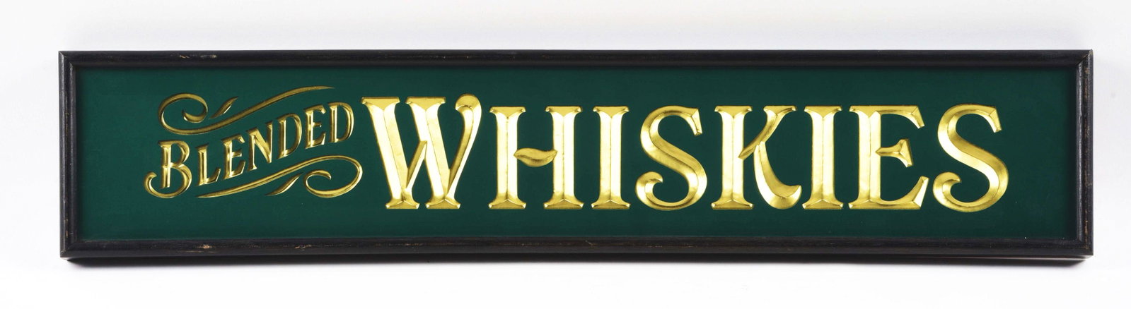 BLENDED WHISKIES FRAMED WOODEN SIGN.: Wooden sign advertising blended whisky. Great condition ready to hang in the man cave. Condition:(Very Good).34" x 7".Dimensions: