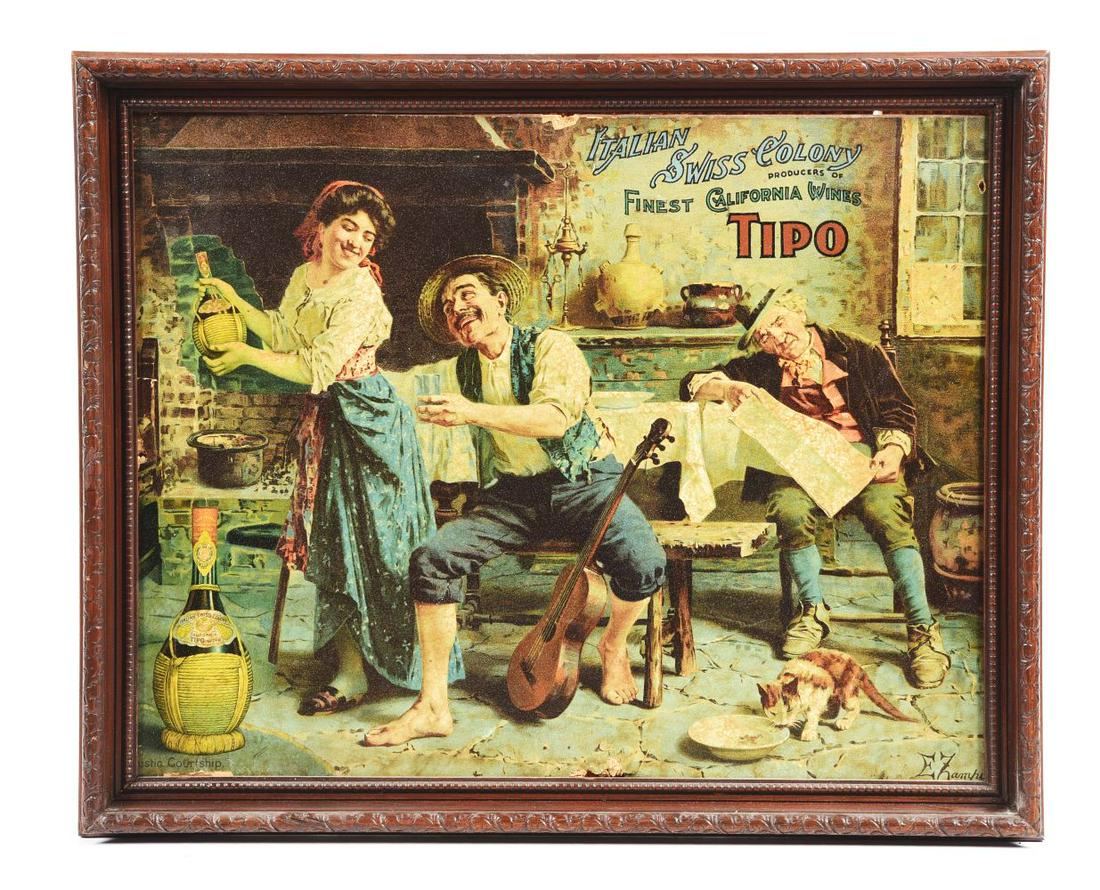 FRAMED ITALIAN SWISS COLONY PRODUCERS OF FINEST CALIFORNIA WINES.: Framed sign for Italian Swiss Colony wines. Wear and light fading throughout, but wine signs are not easly found and this is a very graphic example. Condition:(Good).23 - 1/2" x 13 - 1/4".Dimensions: