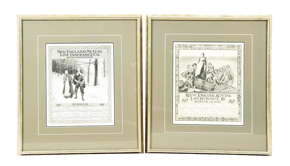 LOT OF 2: 1889 & 1891 NEW ENGLAND LIFE INSURANCE CO. PAPER LITHOGRAPH CALENDAR ADVERTISEMENTS. (1 of 4)