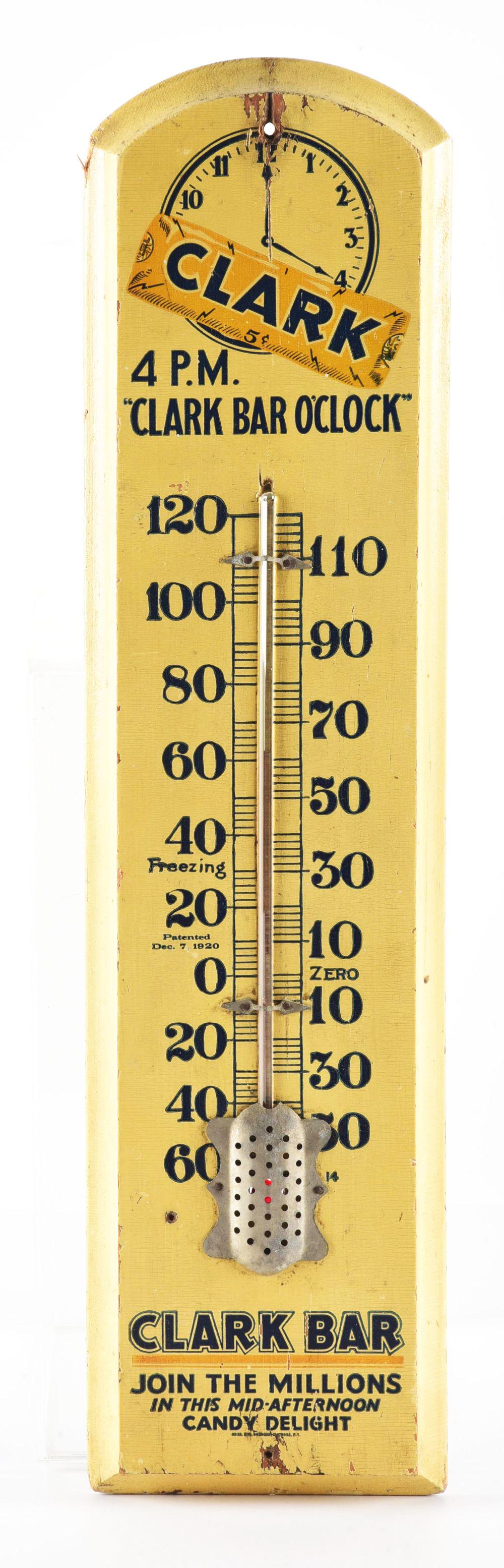 CLARK CANDY BAR WOODEN THERMOMETER SIGN. (1 of 2)