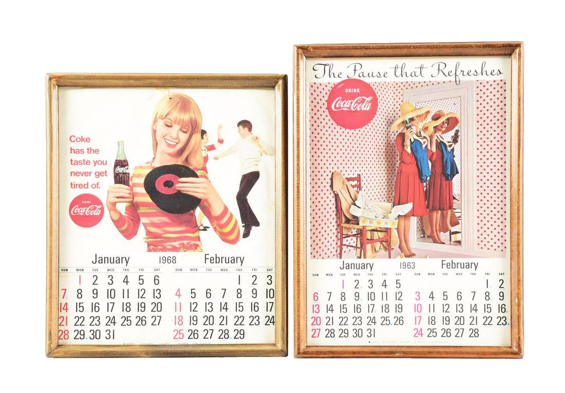 LOT OF 2: FRAMED PAPER LITHOGRAPH COCA-COLA CALENDARS. (1 of 4)