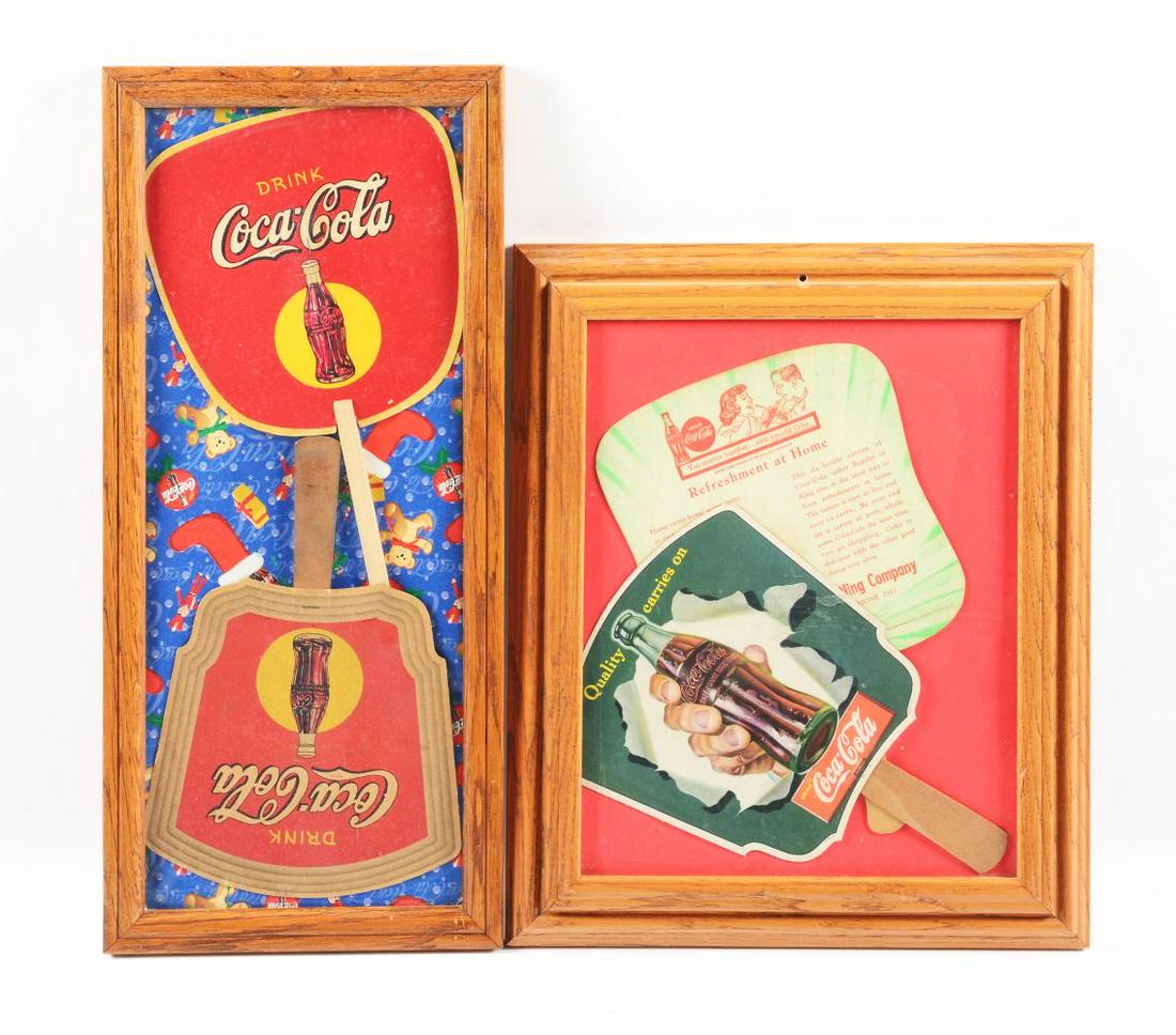 LOT OF 2: FRAMED PAIRS OF COCA-COLA CARDBOARD ADVERTISING HAND FANS. (1 of 2)