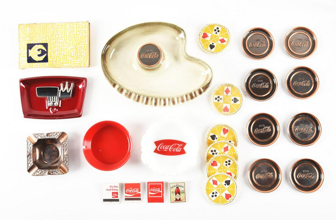LOT OF COCA-COLA ASHTRAYS AND COASTERS.: There are very little areas of wear. Condition:(8.0 - 9.0).Largest: 10 - 3/4" x 3" x 8".Dimensions: