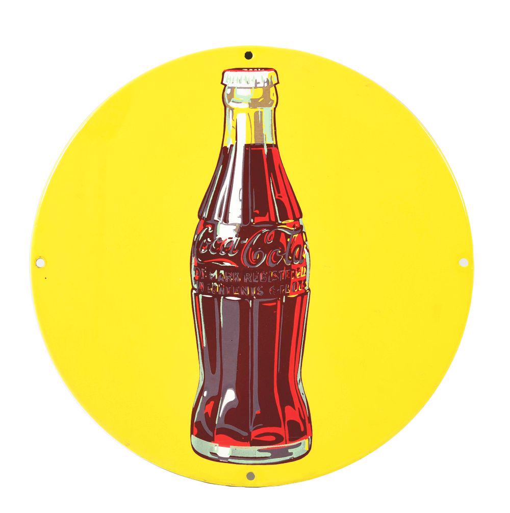 SMALL ROUND YELLOW COCA-COLA BOTTLE SIGN. (1 of 2)