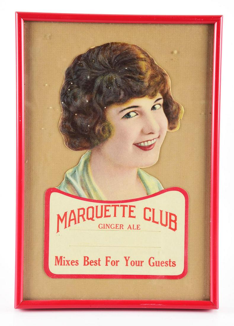 DIE-CUT FRAMED MARQUETTE CLUB GINGER ALE SIGN. (1 of 2)