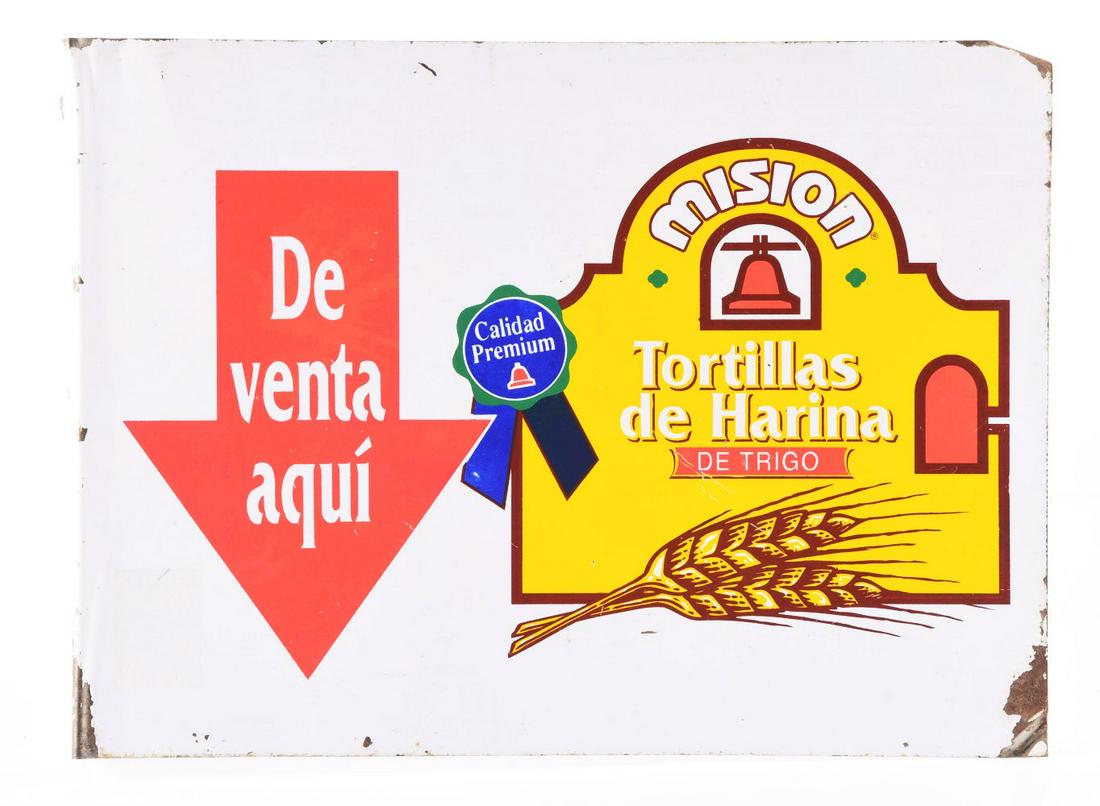 MISION TORTILLAS DE MAIZ SIGN W/ 1 - 3/4" FLANGE.: Porcelain sign advertising Mission Tortillas. Some scratches ands chipping to the edges. Colorful sign. Condition:(Good).16" x 12".Dimensions: