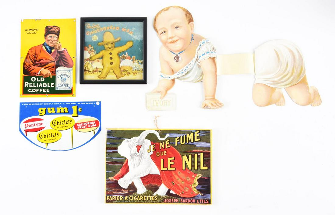 LOT OF 5: VARIOUS GENERAL STORE ADVERTISEMENTS AND SIGNS. (1 of 2)