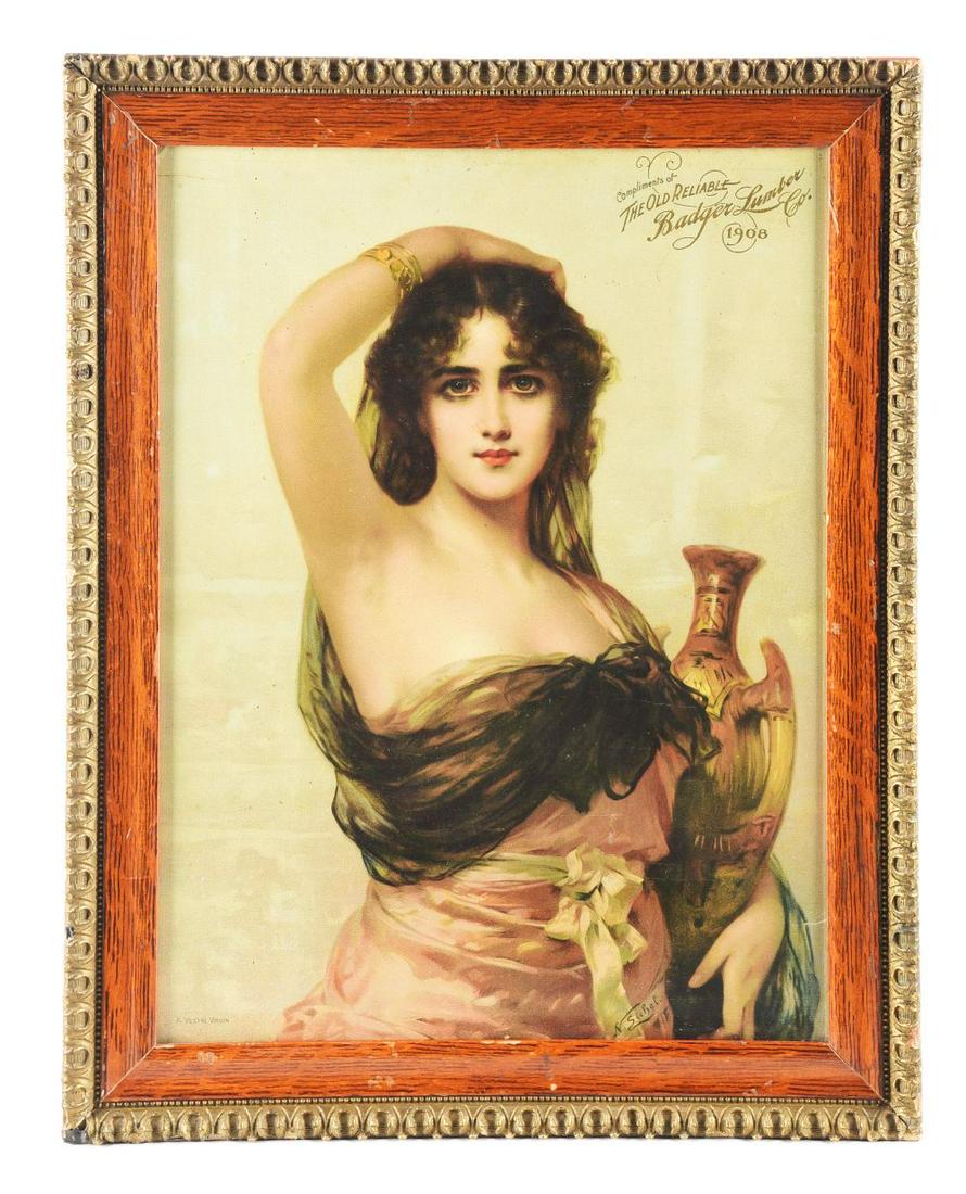 FRAMED ADVERTISING FOR THE BADGER LUMBER CO. 1908.: 1908 framed advertising for the Badger Lumber Co. Great color, with some signs of wear, no restoration. A wonderful look for the period. Condition:(Good).18" x 23".Dimensions: