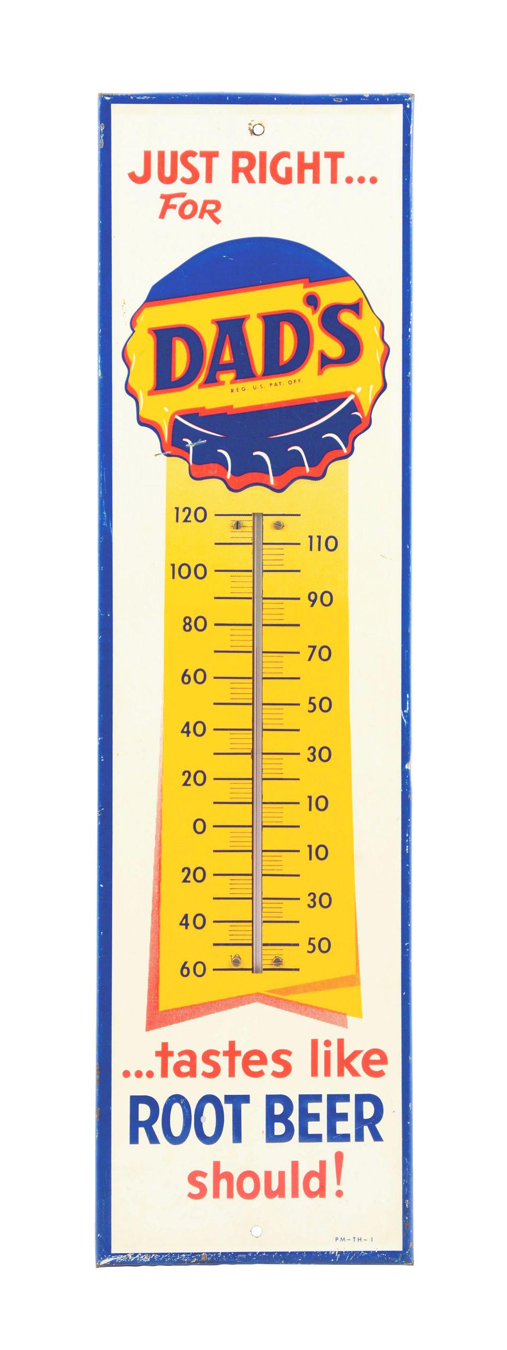 EMBOSSED TIN DAD'S ROOT BEER THERMOMETER. (1 of 3)