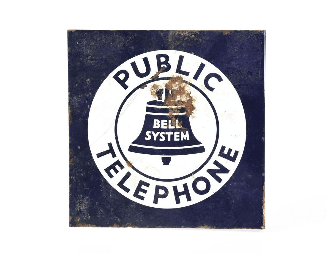 PORCELAIN PUBLIC TELEPHONE FLANGE SIGN.: Flange sign for the Bell system. Oxidation, chips scratches and wear to both sides, would benefit from cleaning. Condition:(Poor).11" x 11" x 1 - 1/2".Dimensions: