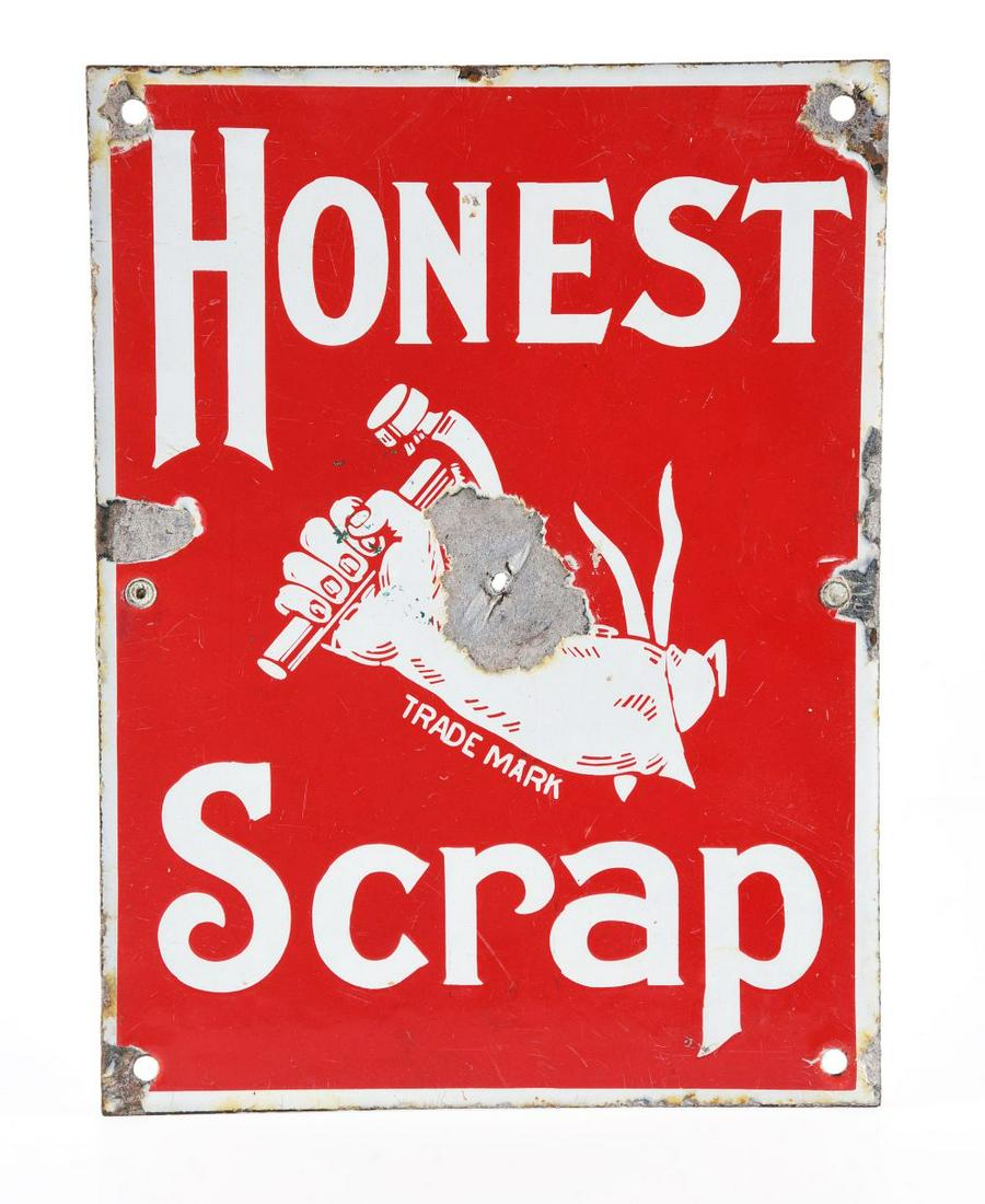 HONEST SCRAP PORCELAIN SIGN.: Hard to find, original, porcelain sign for Honest Scrap tobacco. Chips to the outside edges and one half dollar chip in the middle field. Condition:(Fair).9" x 12".Dimensions: