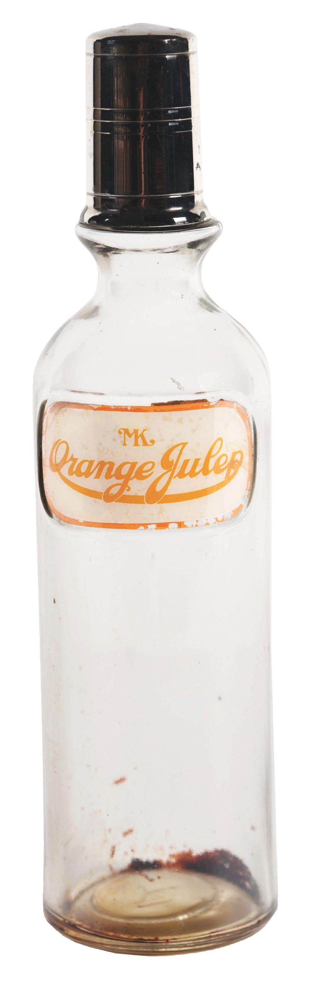 ORANGE JULEP LABEL UNDER GLASS SODA FOUNTAIN SYRUP BOTTLE. (1 of 5)