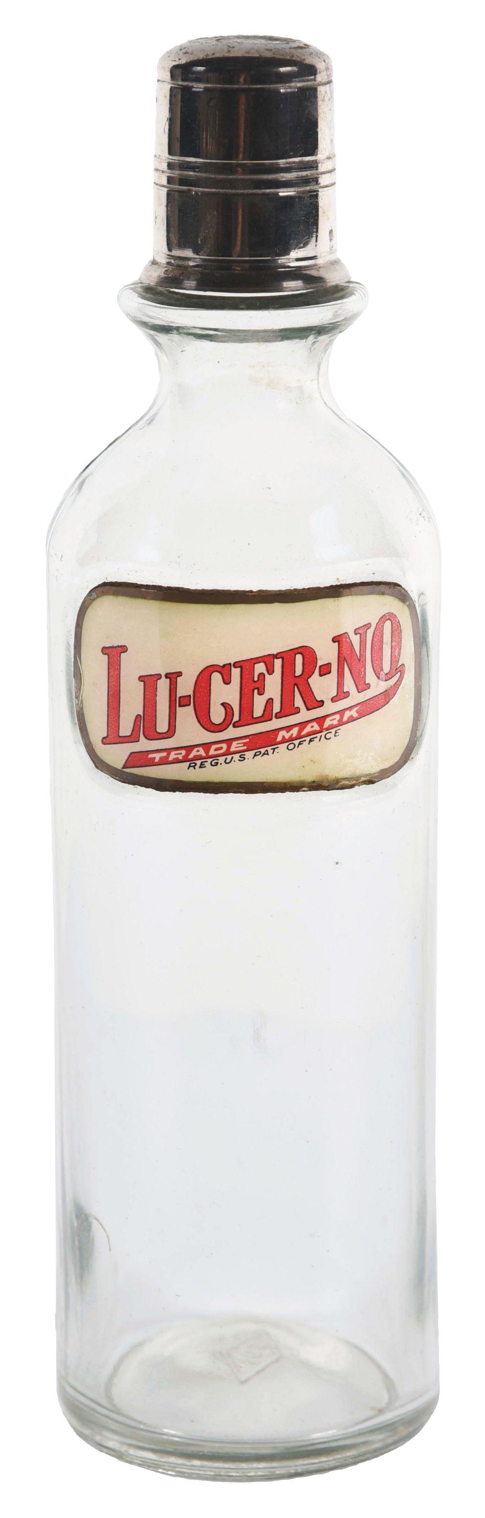 RARE LABEL UNDER GLASS SODA FOUNTAIN SYRUP BOTTLE MARKED LU-CER-NO. (1 of 5)