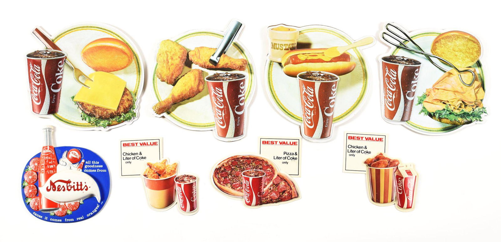 LOT OF 8: VACUUM-FORMED COCA-COLA AND OTHER PRODUCT ADVERTISEMENTS.: These vacuum-formed advertisements were generally issued by the product company for cafes and diners for advertising. All eight displays are in unused condition.Condition:(8.0 - 9.0).Largest: 15" x 13